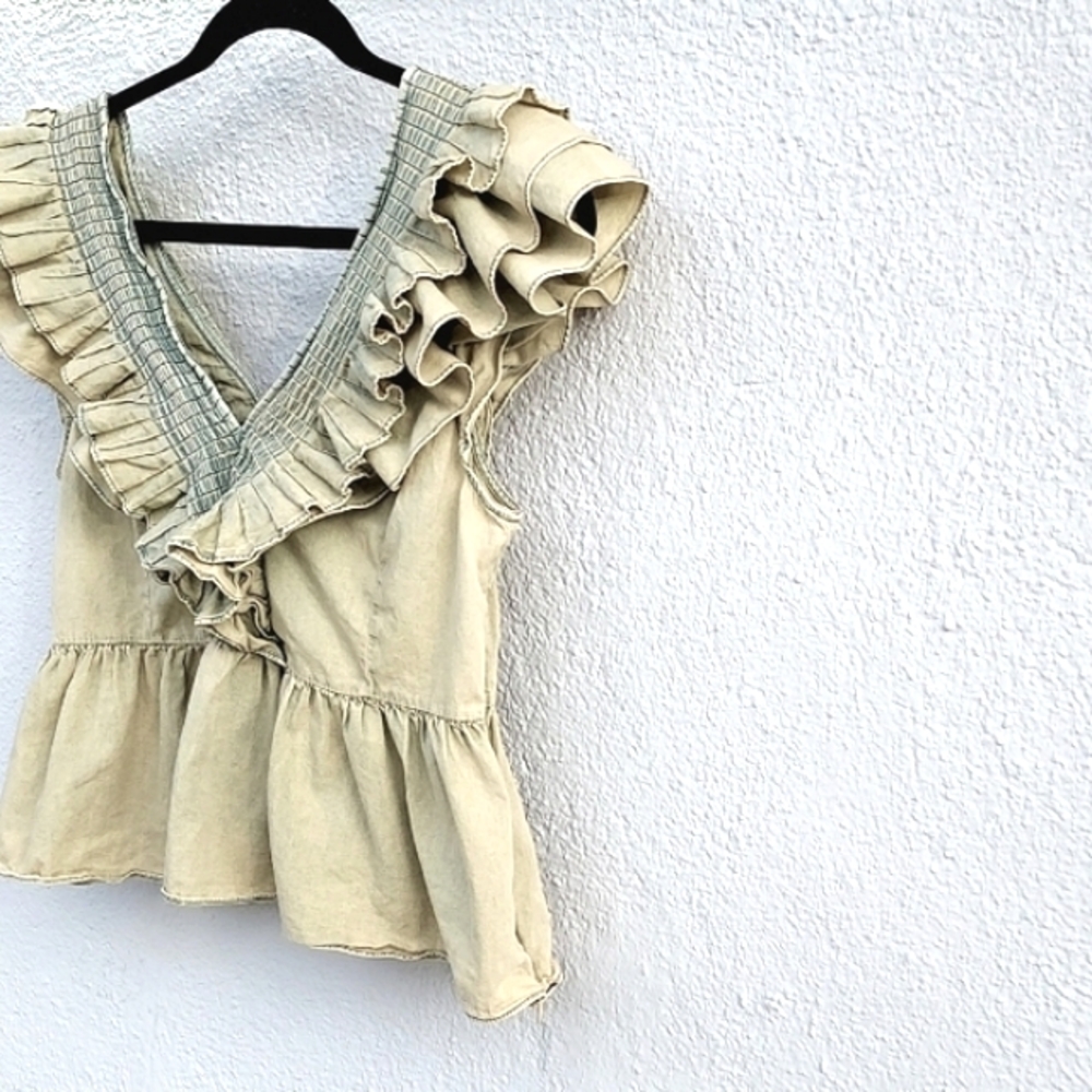 Mare Mare by Anthropologie Yellow/Cream Ruffled Blouse